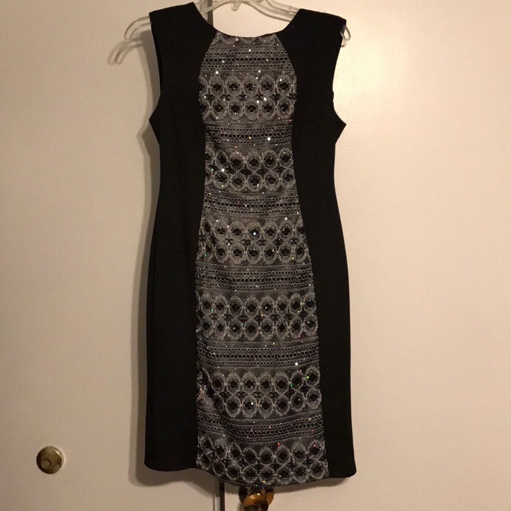 Black midi dress, sparkly center
